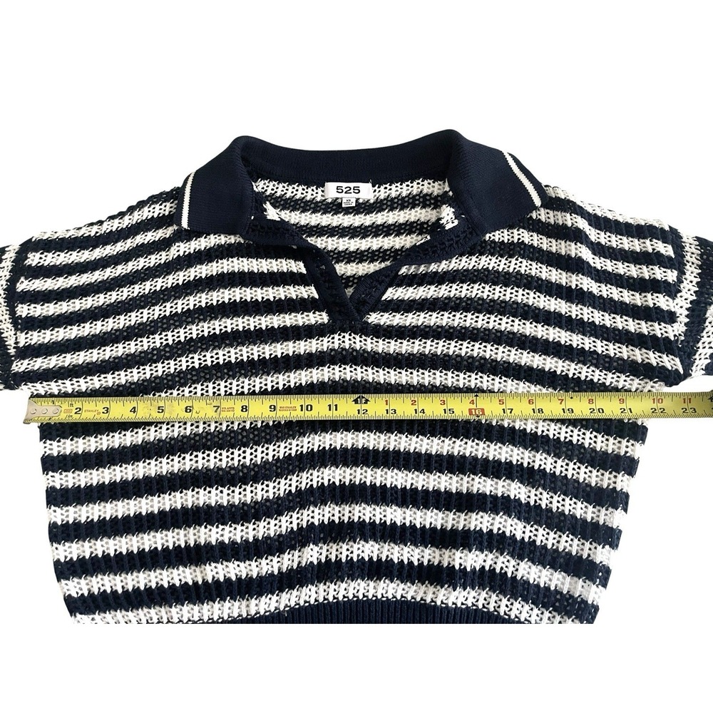 525 America Kimberly Cotton Navy Stripe Open Knit Polo Sweater XS Coastal Preppy - Picture 13 of 15
